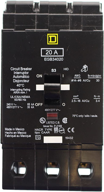 Egb34020 Square D Bolt-On 20 Amp 3 Pole 480V 3 Ph Circuit Breaker 35Ka@480V Aic