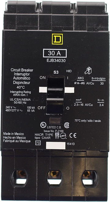 Ejb34030 Square D Bolt-On 30 Amp 3 Pole 480V 3 Ph Circuit Breaker 65Ka@480V Aic