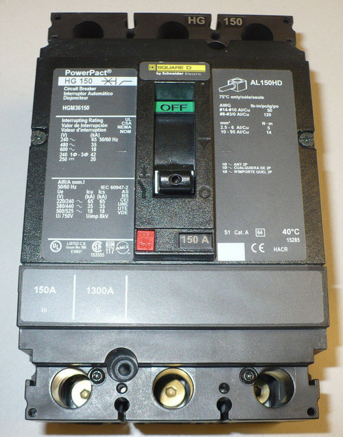 Square D Powerpact Circuit Breaker, Hgm36150, 3 Pole, 150 Amp,