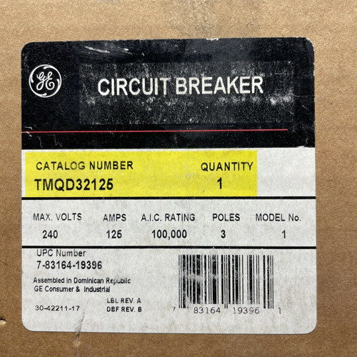 Ge Tmqd32125 3 Pole Bolt-On Tmqd Type 125 Amps Circuit Breaker