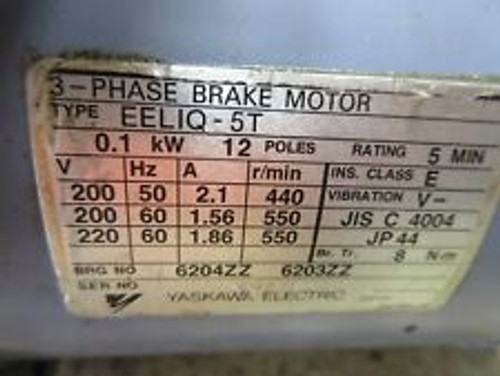 Yaskawa 3 Phase Brake Motor Type Eeliq-5T 6204Zz