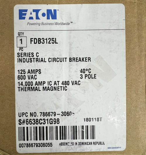 Fdb3125L Eaton 125 Amp 600V 3 P Feed Thru Circuit Breaker Line & Load Lugs