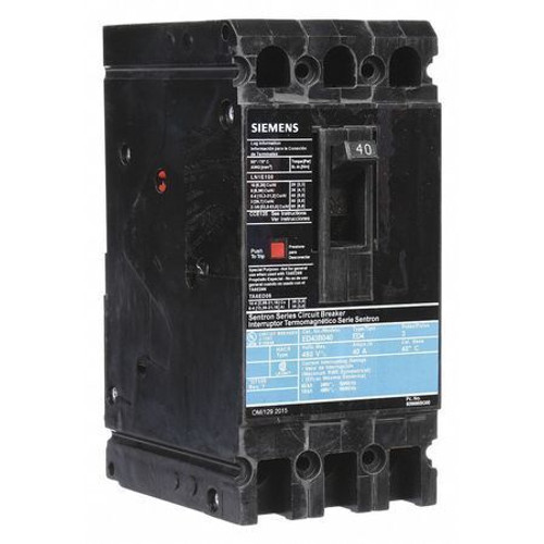 Siemens Ed43B040 Molded Case Circuit Breaker, 40 A, 480V Ac, 3 Pole, Lug In