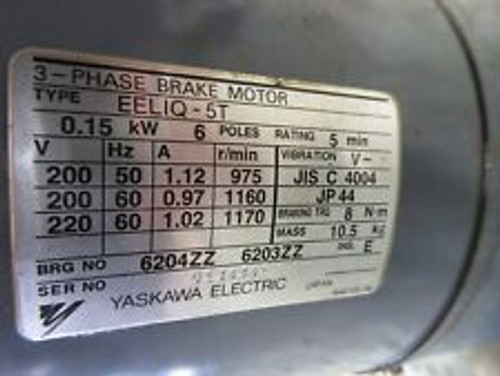 Yaskawa 3 Phase Brake Motor Eeliq-5T Brg No 6204Zz 6203Zz