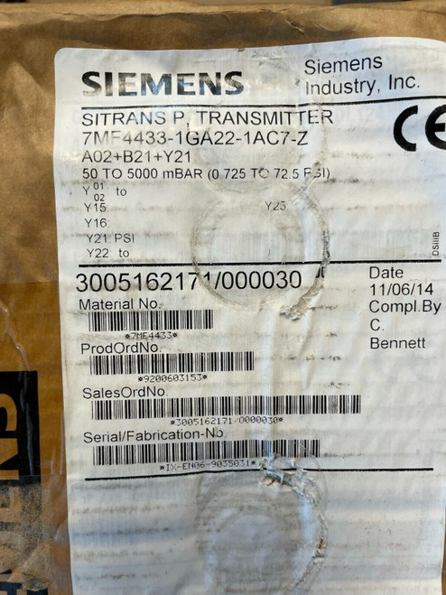 Siemens Sitrans P Differential Press Transmitter 7Mf4433-1Ga22-1Ac7-Z