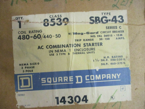 Square D Class 8539 Ac Combination Starter 8539 Sbg-43 Ser C 8539Sbg-43
