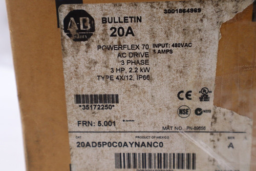 Allen Bradley 20Ad5P0C0Aynanco Powerflex 70 Ac Drive 3 Hp