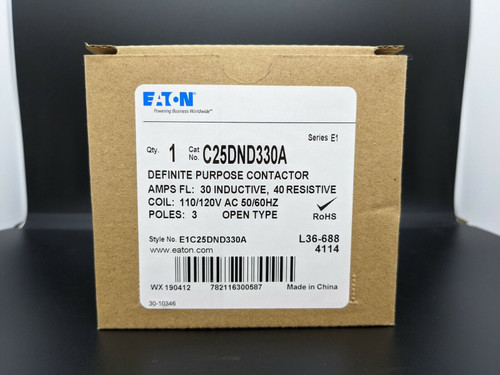 Cutler Hammer Eaton C25Dnd330A Contactor Definite Purpose 3P 30A 110-120Vac