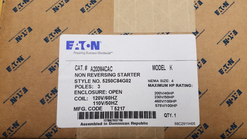 Cutler Hammer A200M4Cac 	A200 - Starter, Size 4, Open, 3 Pole, 120V / 60Hz Coil