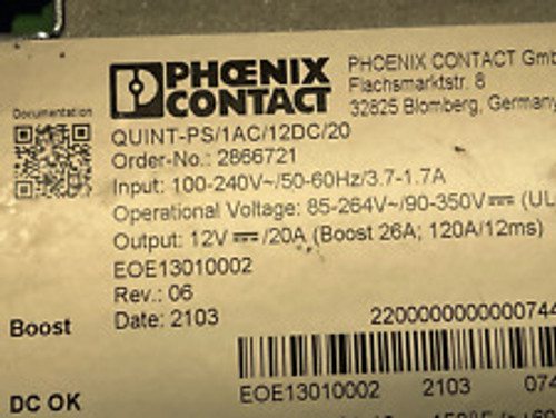 Phoenix Contact 2866721 Quint-Ps/1Ac/12Dc/20 Switch Power Supply