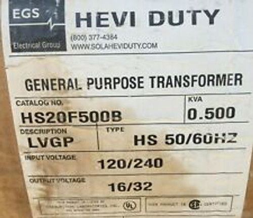 Egs Sola Hevi Duty Hs20F500B .500 Kva 120/240V-16/32V Transformer