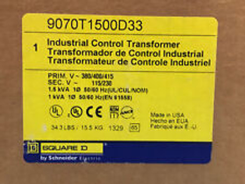 Square D 9070T1500D33 Control Transformer 1.5 Kva 380/400/415V Pri 115/230V Sec