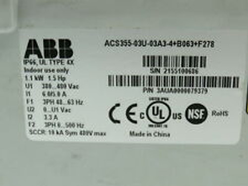 Abb Acs355-03U-03A3-4+B063+F278 Machinery Drive 1.5Hp 3Ph 0-500Hz 380/480V Vfd