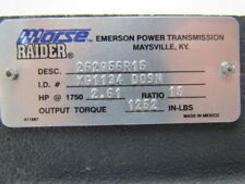 Emerson Morse Raider 262Q56R15 Worm Gear Box Speed Reducer 15:1 Ratio 2.61 Hp Rh