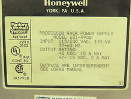 Honeywell 621-9933 I/O Rack Power Supply Module Plc Ps 15A 5Vdc 115/230 V