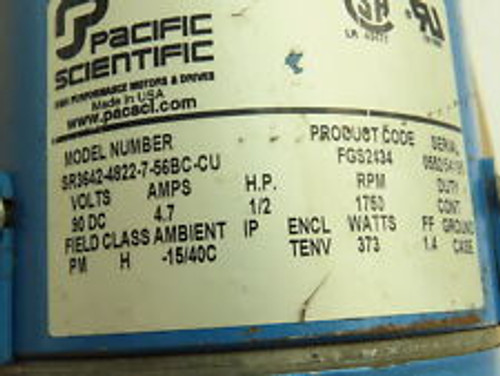 Pacific Scientific Sr3642-4822-7-56Bc-Cu Dc Electric Dc Motor 1/2Hp 1750 Rpm 90V