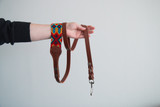 Handmade genuine leather leash with the handle in colourful patterns woven by hand by artisans in Mexico. Large leash red, blue, yellow