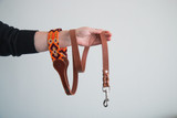 Handmade genuine leather leash with the handle in colourful patterns woven by hand by artisans in Mexico. Large leash brown, yellow, white