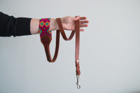 Handmade genuine leather leash with the handle in colourful patterns woven by hand by artisans in Mexico. Large leash pink