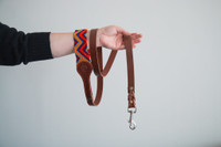 Handmade genuine leather leash with the handle in colourful patterns woven by hand by artisans in Mexico. Large leash red, yellow, blue