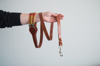 Handmade genuine leather leash with the handle in colourful patterns woven by hand by artisans in Mexico. Large leash aqua, red, brown