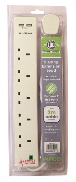 5 WAY 2m WITH 2 USB SOCKETS EXTENSION CABLE