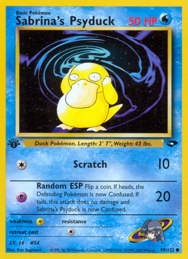 sabrina's psyduck pokemon card value Sabrinas 99/132 1st Edition PSA 8 this attack does no damage and Sabrinas Psyduck is now Confused. 1st Edition Sabrina's/Misty's Psyduck Gym