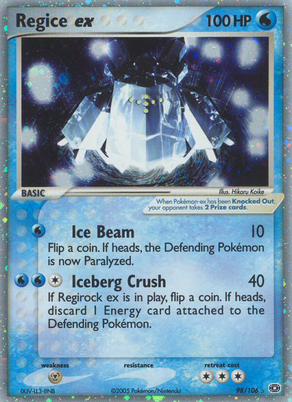 pokemon card regice POKMON GAME sv10 055/098 RR Description coming soon... Regice ex 98/106 - Emerald