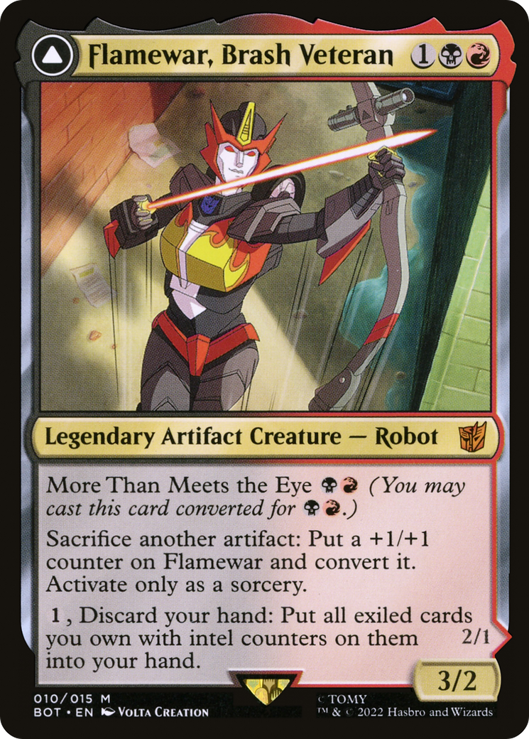 transformers card mtg Flamewar, Brash Veteran // Flamewar, Streetwise Operative (BOT-010) - Transformers: (convertdfc) Flying Whenever you draw a card watermark:transformers · Scryfall Magic: The