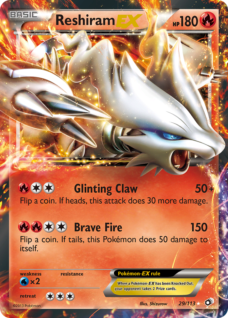 gold reshiram pokemon card  BanzaiHobby Colorless Blue Flare (120) Discard 2 Fire Energy attached to this Pokmon Reshiram-EX 29/113 - Legendary Treasures