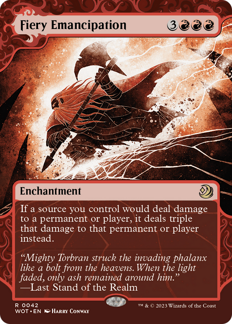 Fiery Emancipation (WOT-042) - Wilds of Eldraine: Enchanting Tales: (Showcase) (Borderless) - Game Nerdz Fiery Emancipation (WOT-042) - Wilds of Eldraine: Enchanting Tales: (Showcase) (Borderless) - Game Nerdz