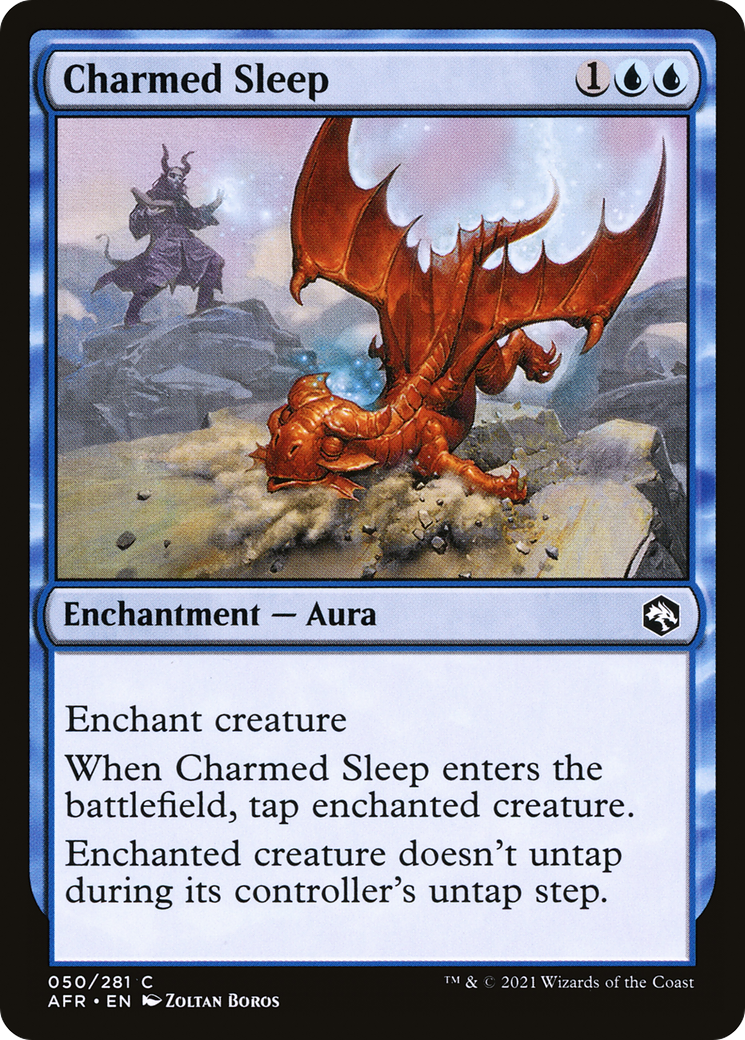 sleep mtg card Charmed (AFR-050) - Adventures in the Forgotten Realms Foil Enchant creature Whenever enchanted creature deals damage to a player Mechanic: Sleep. A card from