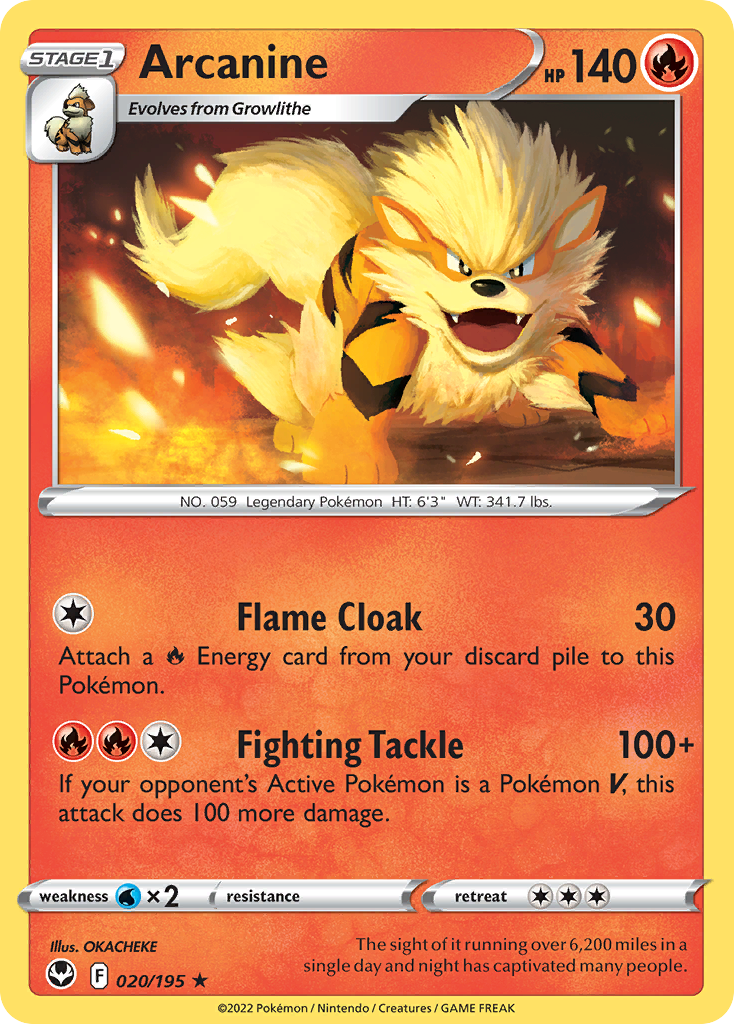 arcanine v pokemon card price Hisuian 090/195- Silver Tempest - Ultra Rare RarityUncommon Hit Points150 HP Fire Torrid Torrent (30) Attach up to 2 Basic R Energy cards from your discard pile to this Pokemon Arcanine 018 - Reverse Holofoil