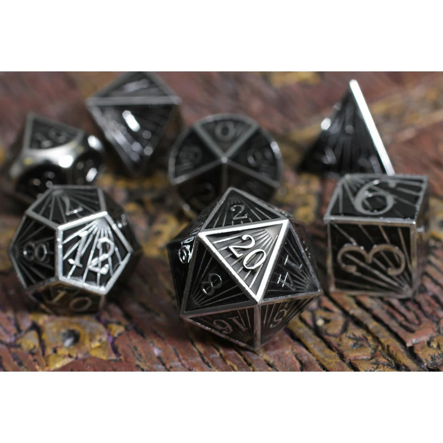 Black & Bronze Metal RPG Dice Set – 7-Piece D&D Dice With Wooden Chest