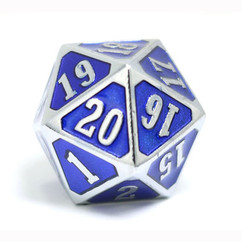 Roll Down 25mm D20 Counter: Shiny Silver & Sapphire