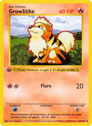 Growlithe 28 - Base Set Shadowless Unlimited (DMG)