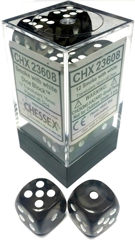 Chessex Dice: Translucent 16mm D6 Smoke/White (12)