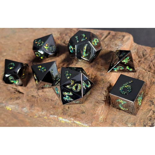 Forged Gaming: Forged Lore Gunmetal with Green Mica - Polyhedral Metal Dice Set (7ct)