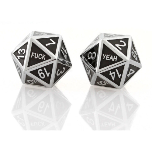 Forged Gaming: F*** Yeah Set of 2 D20 Metal Dice - Guardian Silver/Black