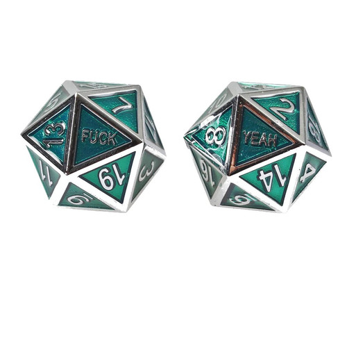 Forged Gaming: F*** Yeah Set of 2 D20 Metal Dice - Guardian Silver/Viridity