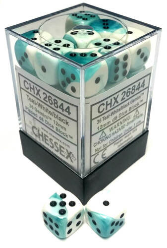 Chessex Dice: Gemini 4 - 12mm D6 White Teal/Black (36)