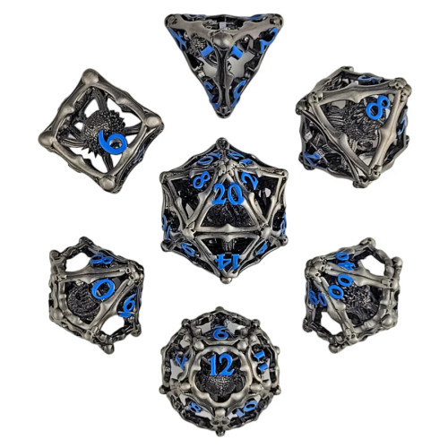 Forged Gaming: Grave Watcher Silver Blue Hollow Metal RPG Dice Set
