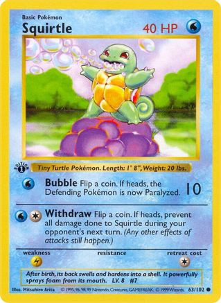 Squirtle 63 - Base Set Shadowless 1st Edition (HP)