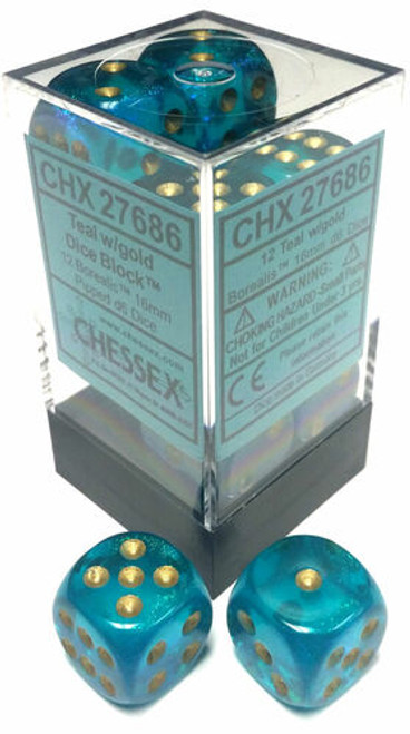 Chessex Dice: Borealis 16mm D6 Teal/Gold (12)