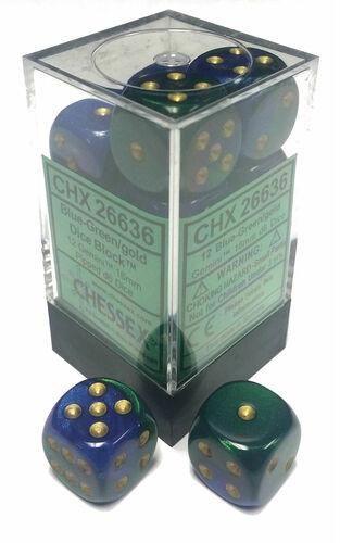 Chessex Dice: Gemini 3 - 16mm D6 Blue Green Gold/Black (12)