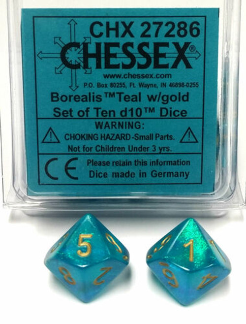 Chessex Dice: Borealis Teal w/gold D10 Dice (10)