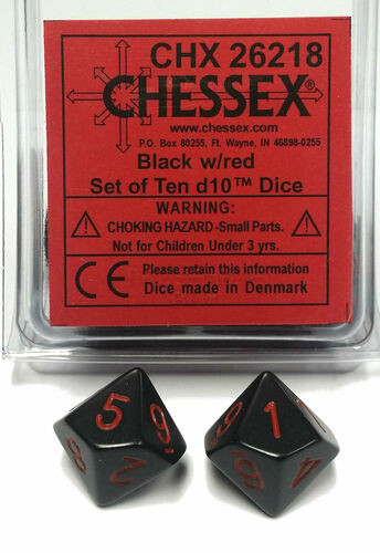Chessex Dice: Opaque Polyhedral D10 Black/Red (10)