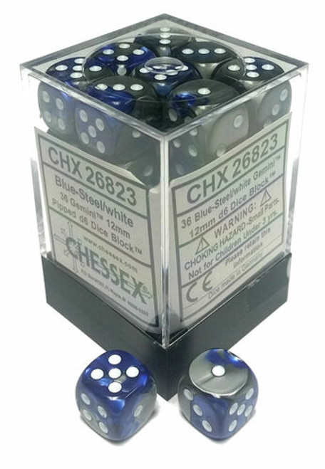 Chessex Dice: Gemini 12mm D6 Blue Silver/White (36)