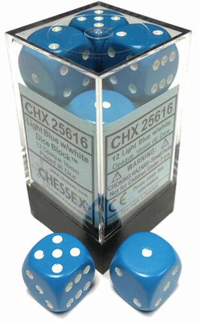 Chessex Dice: Opaque 16mm D6 Light Blue/White(12)