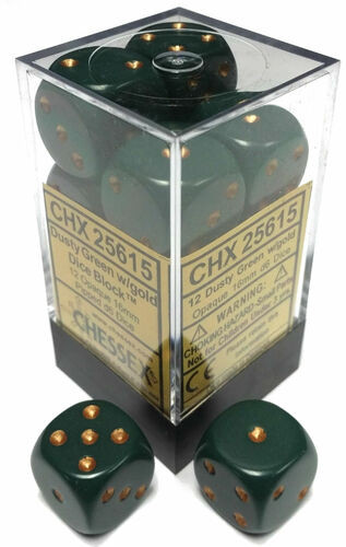 Chessex Dice: Opaque 16mm D6 Dusty Green/Copper (12)